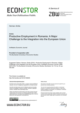 Productive Employment in Romania: a Major Challenge to the Integration Into the European Union