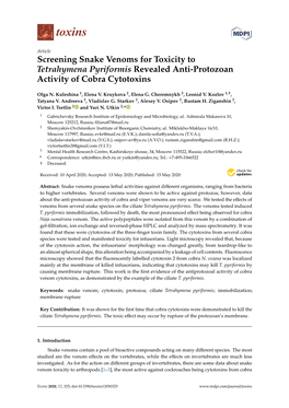 Screening Snake Venoms for Toxicity to Tetrahymena Pyriformis Revealed Anti-Protozoan Activity of Cobra Cytotoxins