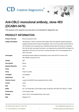 Anti-CBLC Monoclonal Antibody, Clone 4E0 (DCABH-3476) This Product Is for Research Use Only and Is Not Intended for Diagnostic Use
