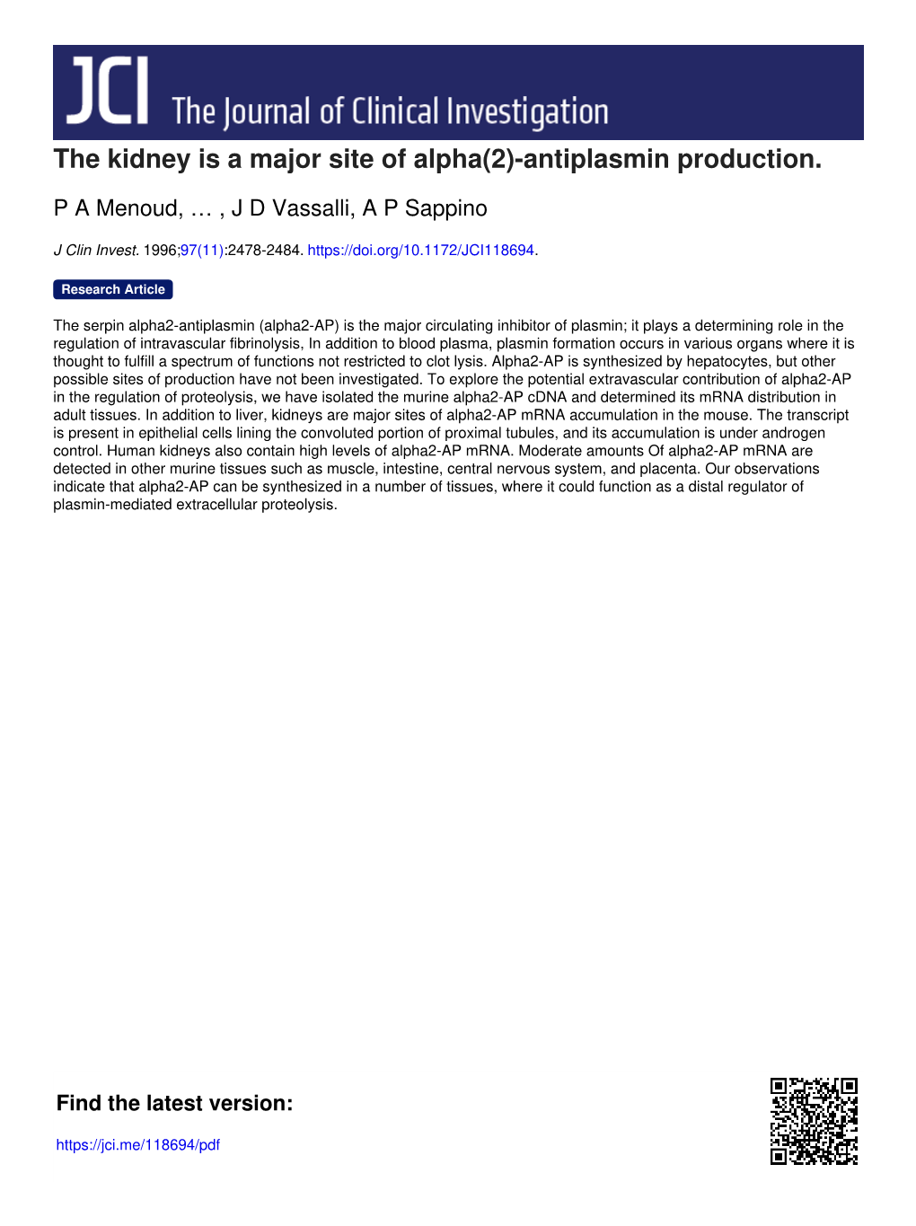 The Kidney Is a Major Site of Alpha(2)-Antiplasmin Production