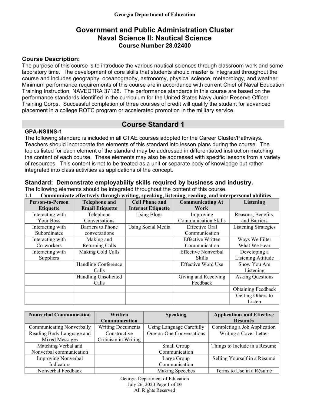 Nautical Science Course Standard 1