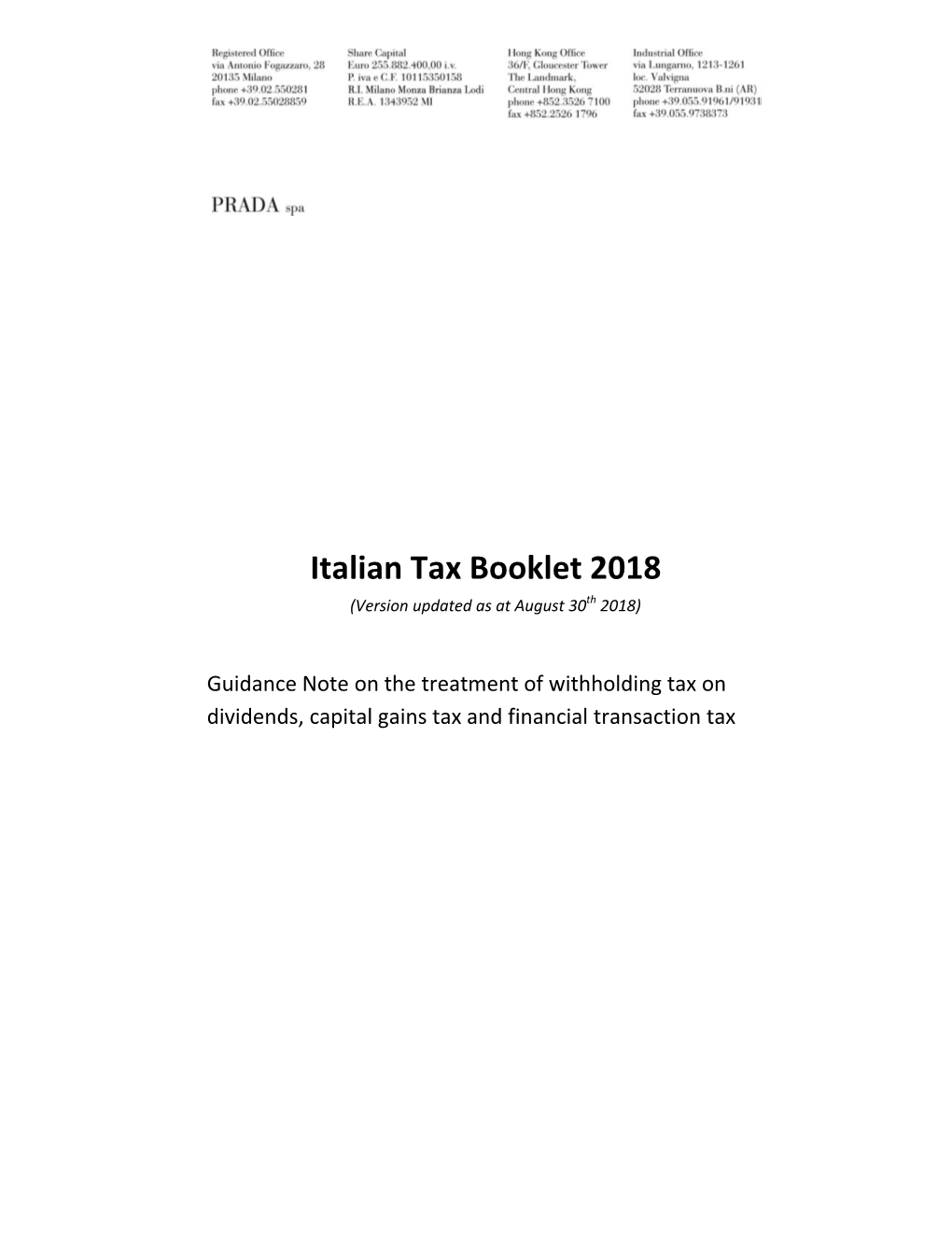 Italian Tax Booklet 2018 (Version Updated As at August 30Th 2018)