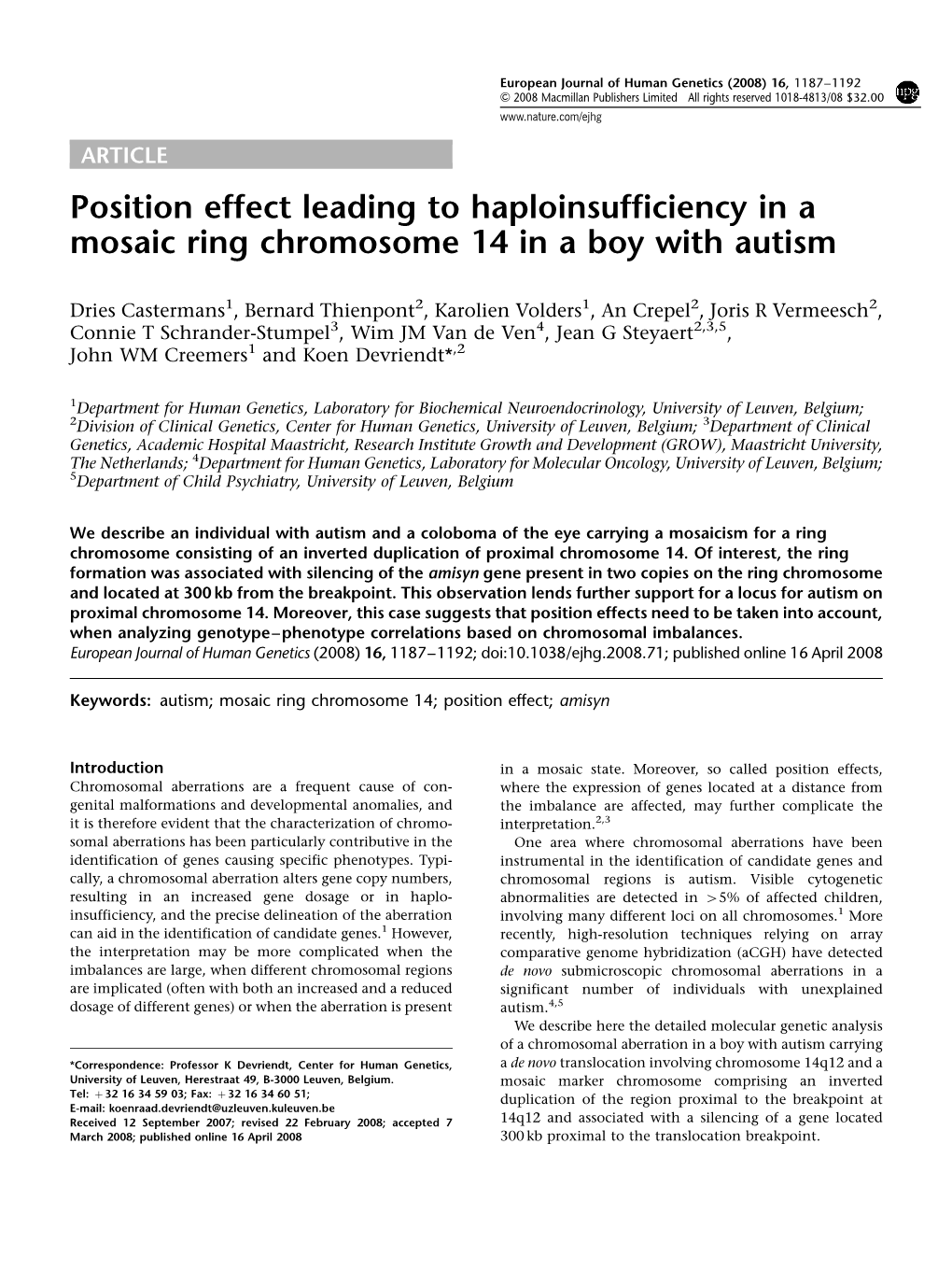 Position Effect Leading to Haploinsufficiency in a Mosaic Ring Chromosome 14 in a Boy with Autism