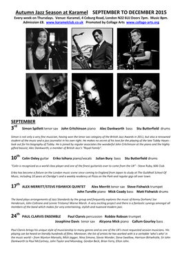 Autumn Jazz Season at Karamel SEPTEMBER to DECEMBER 2015 3 10 17 24