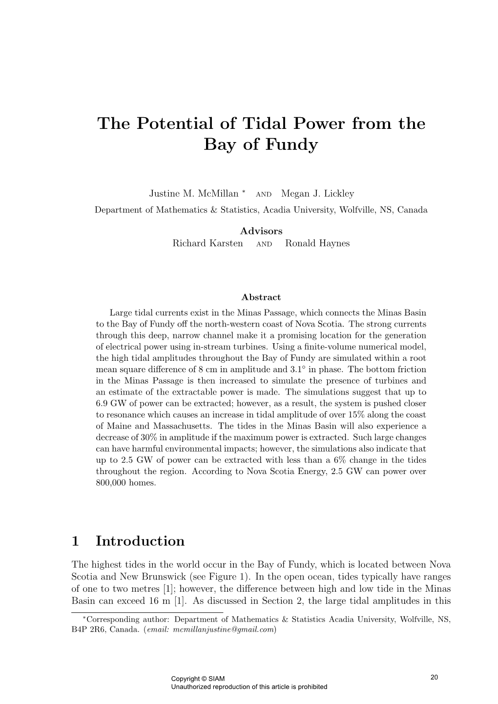 The Potential of Tidal Power from the Bay of Fundy