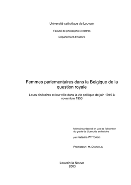 Femmes Parlementaires Dans La Belgique De La Question Royale