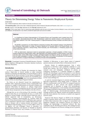 Theory for Determining Energy Value in Nanometric Biophysical Systems Jonah Lissner Dept
