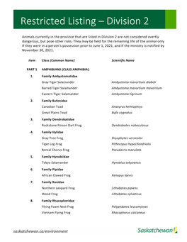 Captive Wildlife Division 2 Restricted List