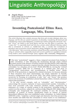 Inventing Postcolonial Elites: Race, Language, Mix, Excess