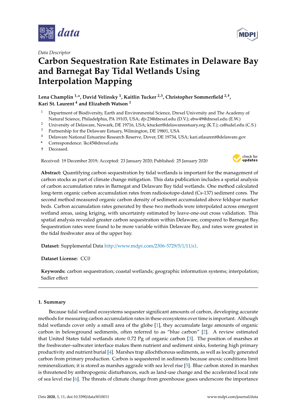 Carbon Sequestration Rate Estimates in Delaware Bay and Barnegat Bay Tidal Wetlands Using Interpolation Mapping