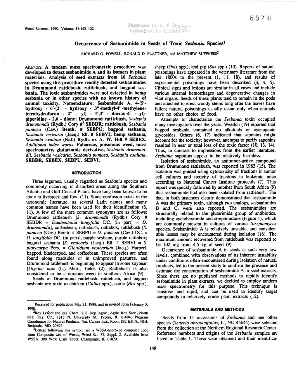 Occurrence of Sesbanimide in Seeds of Toxic Sesbania Species! Abstract