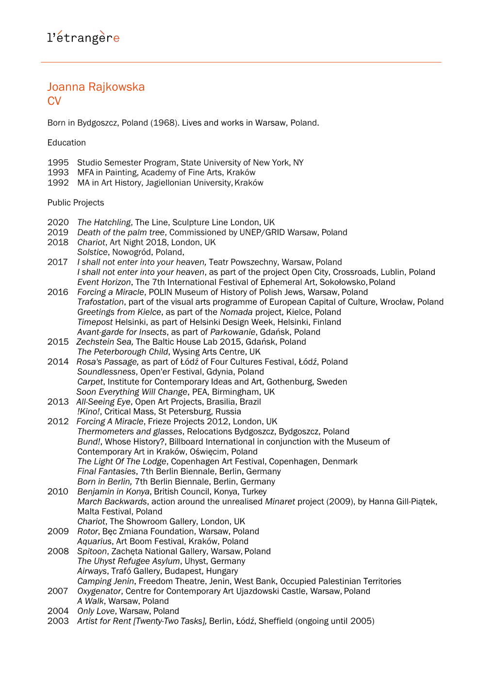 Joanna Rajkowska CV Incl. Bibliography