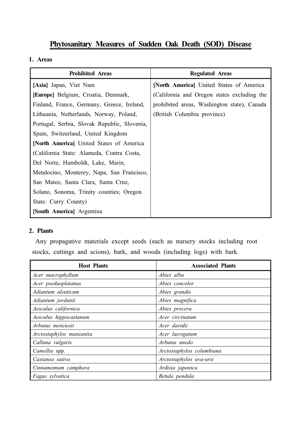 Phytosanitary Measures of Sudden Oak Death (SOD) Disease