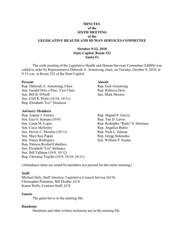 MINUTES of the SIXTH MEETING of the LEGISLATIVE HEALTH and HUMAN SERVICES COMMITTEE October 9-12, 2018 State Capitol, Room 322 S