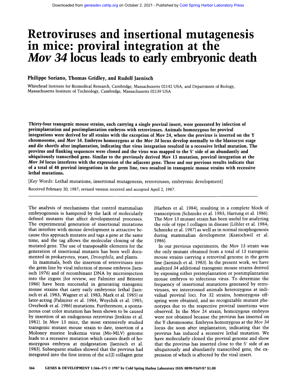 Proviral Integration at the Mov 34 Locus Leads to Early Embryomc Death