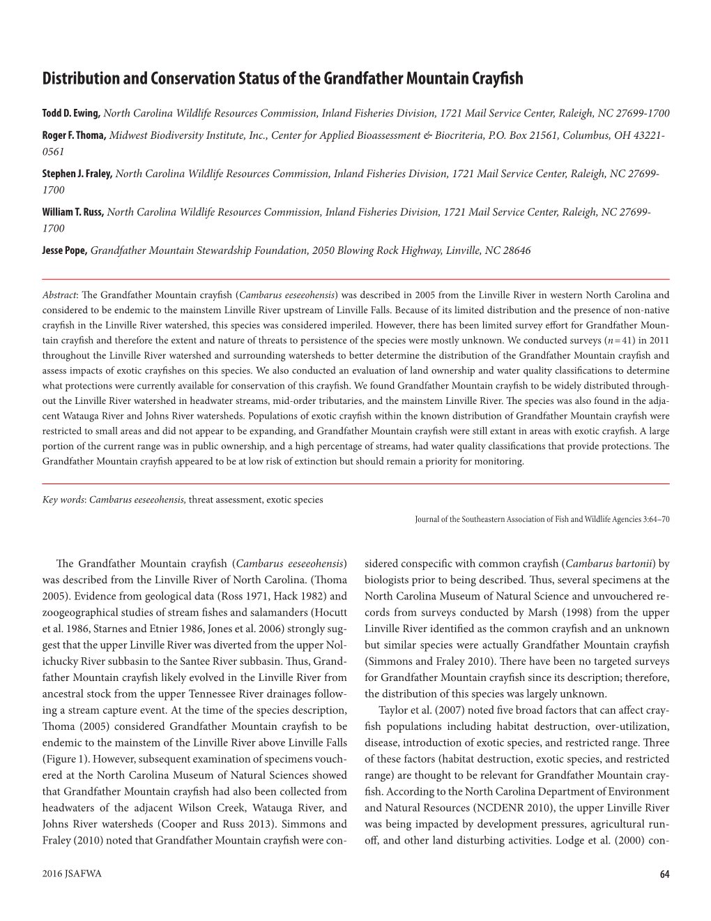 Distribution and Conservation Status of the Grandfather Mountain Crayfish