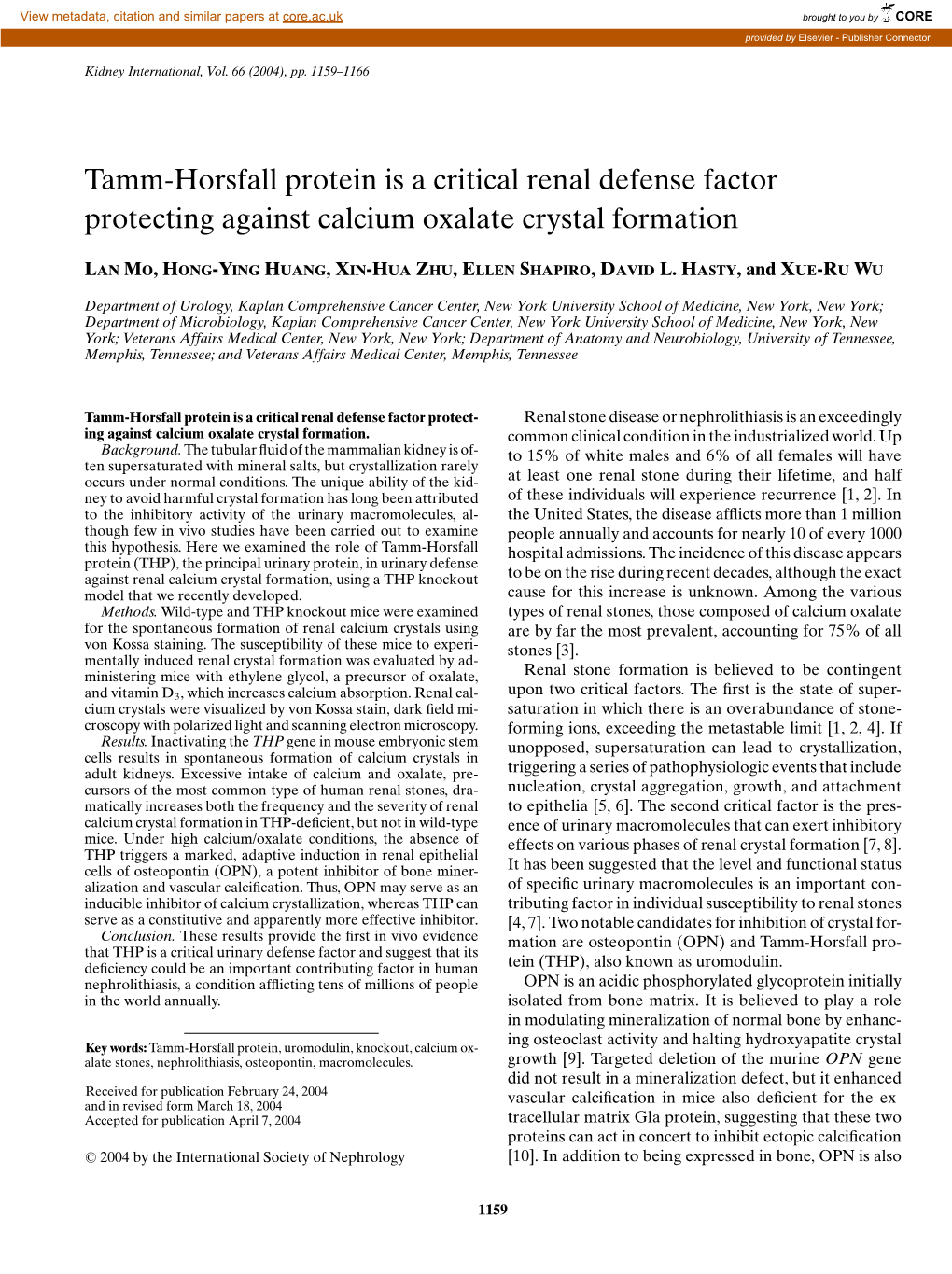 Tamm-Horsfall Protein Is a Critical Renal Defense Factor Protecting Against Calcium Oxalate Crystal Formation