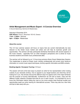 Artist Management and Music Export - a Concise Overview a Sound Diplomacy Seminar & Masterclass
