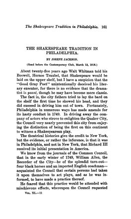 The Shakespeare Tradition in Philadelphia. 161