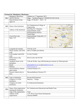 Format for Mandatory Disclosure Mandatory Disclosure Updated on 1St September 2015 10.1 AICTE File No