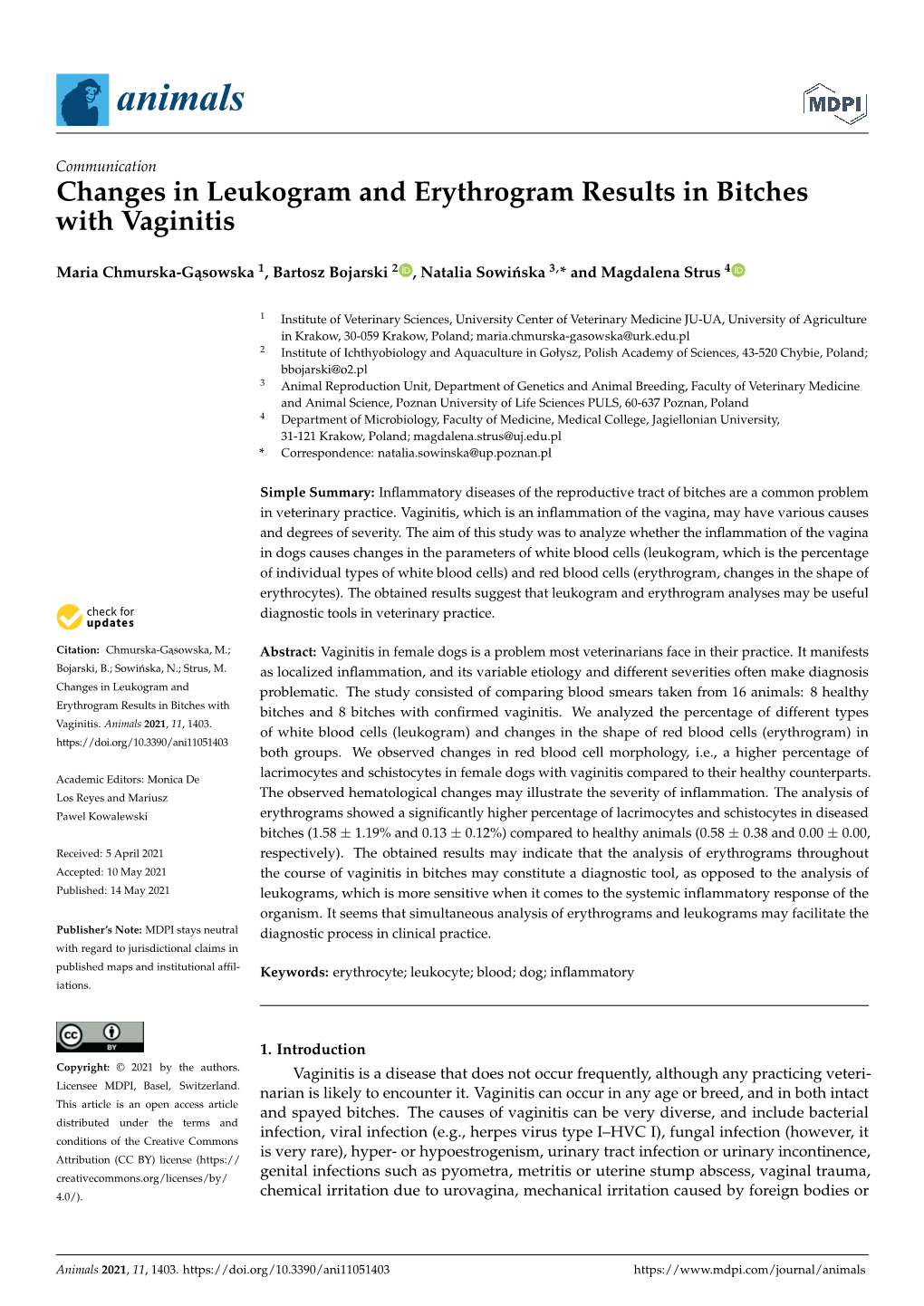 Changes in Leukogram and Erythrogram Results in Bitches with Vaginitis