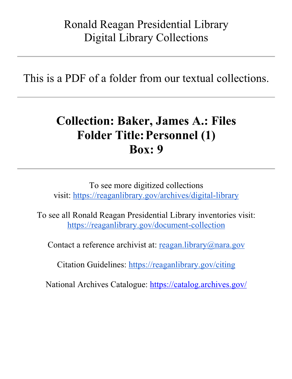 Baker, James A.: Files Folder Title: Personnel (1) Box: 9