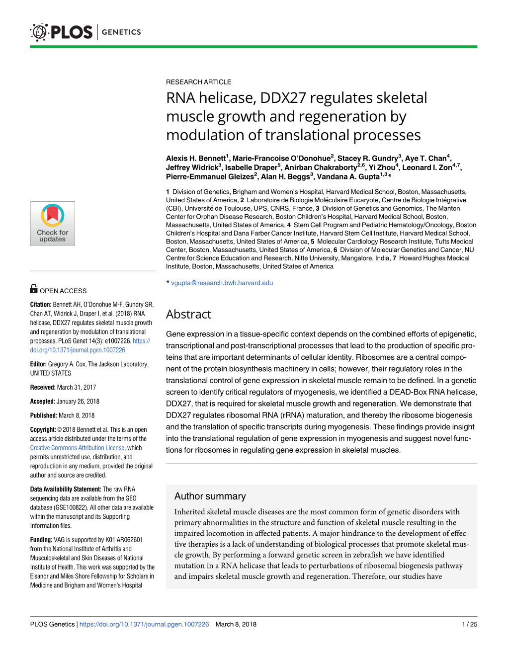 RNA Helicase, DDX27 Regulates Skeletal Muscle Growth and Regeneration by Modulation of Translational Processes