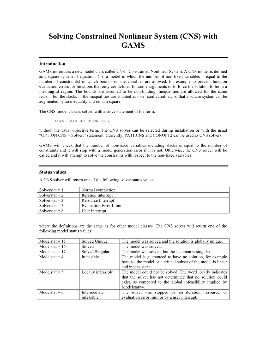 Solving Constrained Nonlinear System (CNS) with GAMS