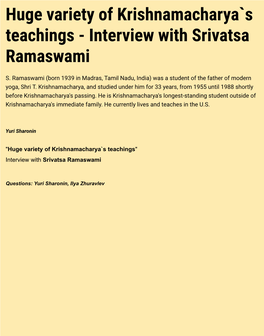 Huge Variety of Krishnamacharya`S Teachings - Interview with Srivatsa Ramaswami