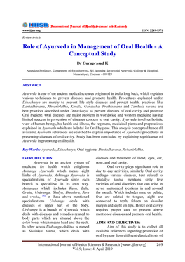 Role of Ayurveda in Management of Oral Health - a Conceptual Study