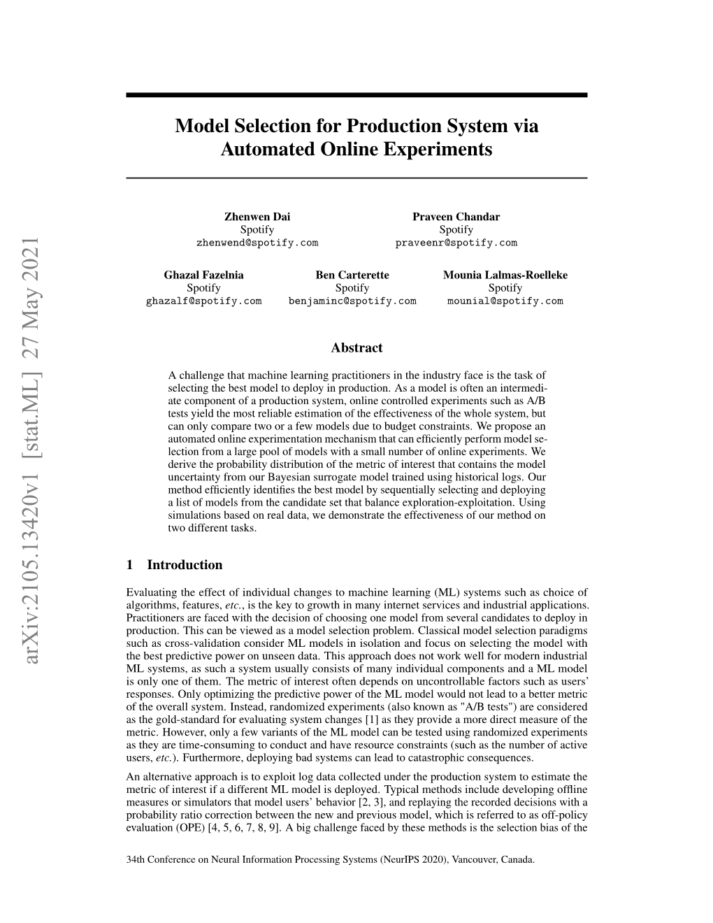 Model Selection for Production System Via Automated Online Experiments