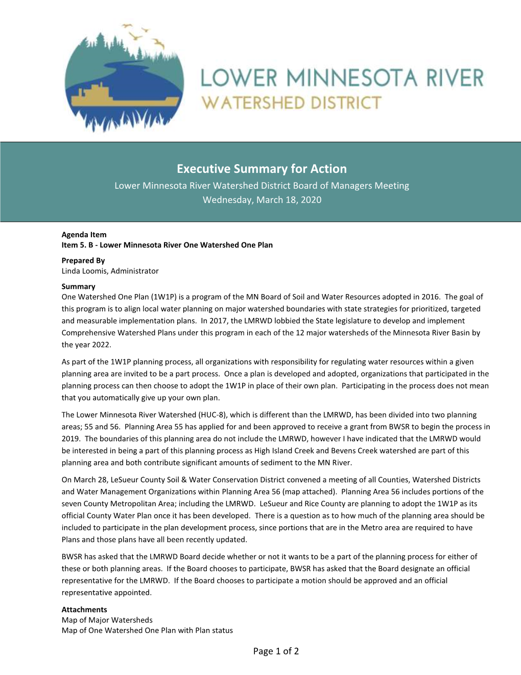 Executive Summary for Action Lower Minnesota River Watershed District Board of Managers Meeting Wednesday, March 18, 2020