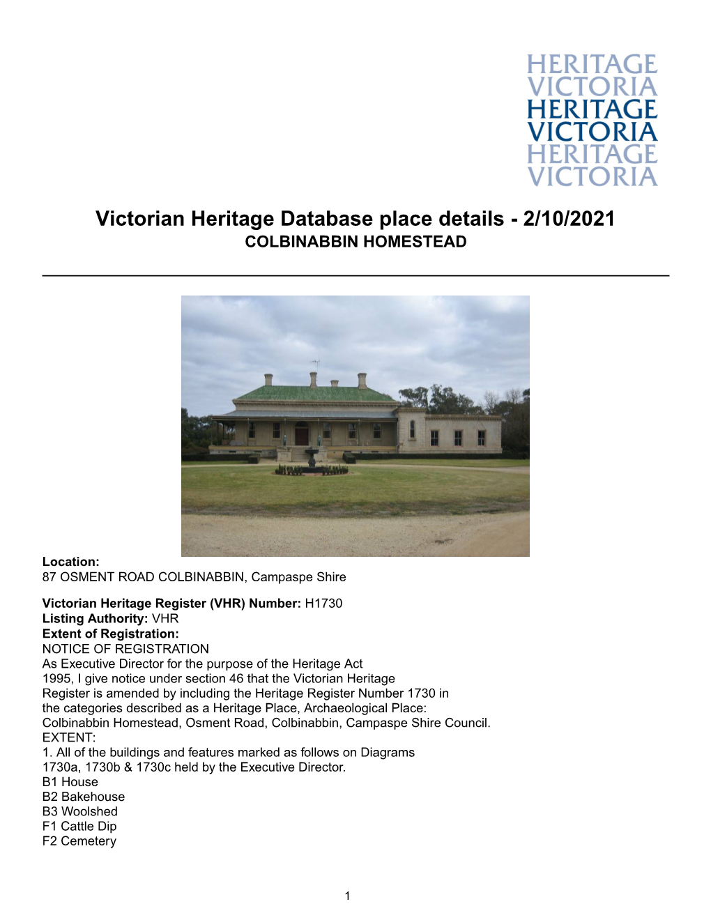 Victorian Heritage Database Place Details - 2/10/2021 COLBINABBIN HOMESTEAD