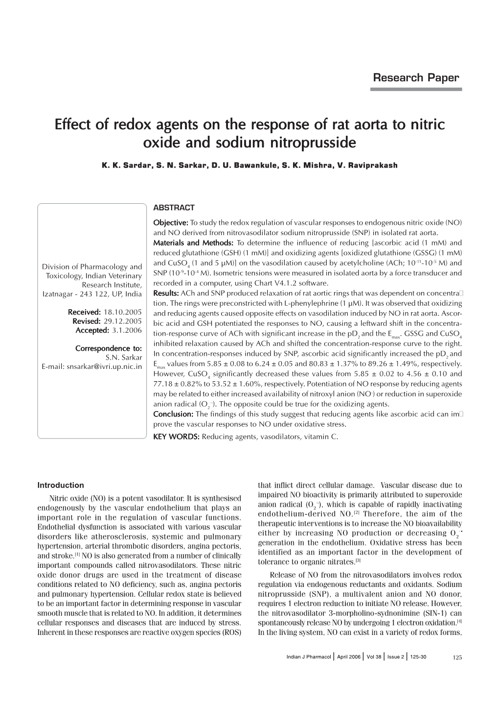 Effect of Redox Agents on the Response of Rat Aorta to Nitric Oxide and Sodium Nitroprusside K