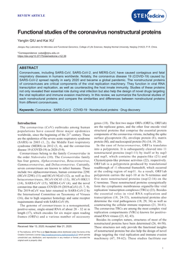 Functional Studies of the Coronavirus Nonstructural Proteins Yanglin QIU and Kai XU*