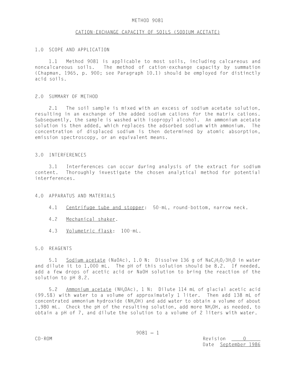 Method 9081: Cation-Exchange Capacity of Soils (Sodium Acetate), Part of Test Methods for Evaluating Solid Waste, Physical/Chemi