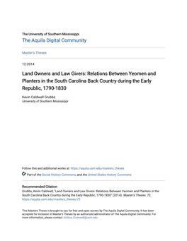 Relations Between Yeomen and Planters in the South Carolina Back Country During the Early Republic, 1790-1830