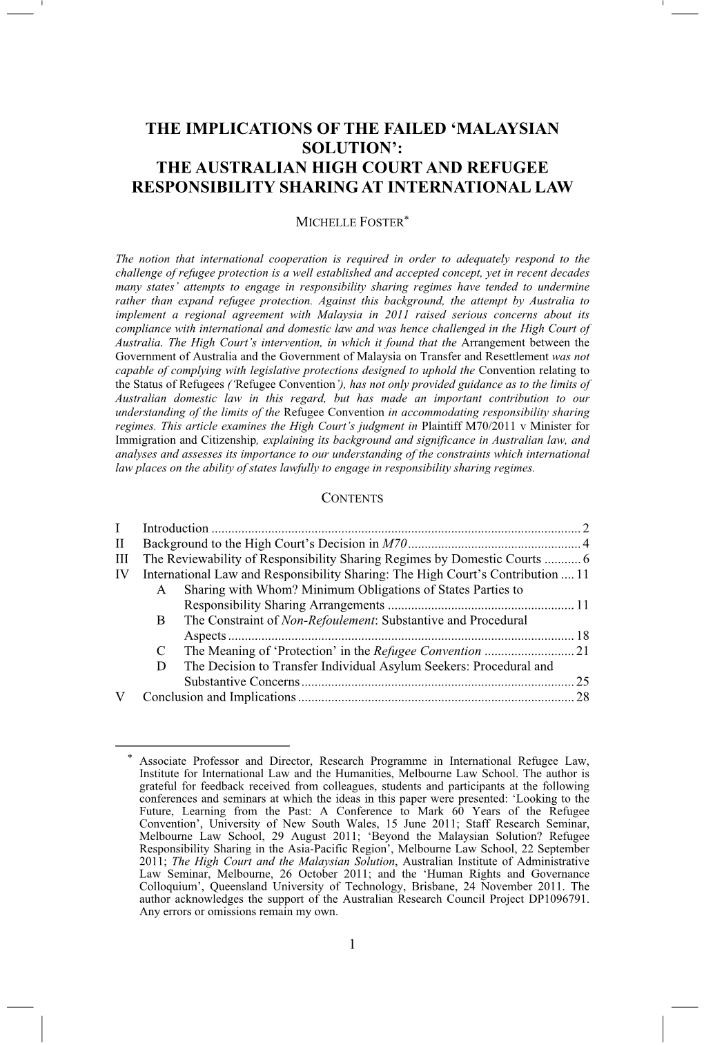 The Implications of the Failed 'Malaysian Solution': the Australian High Court and Refugee Responsibility Sharing at Interna