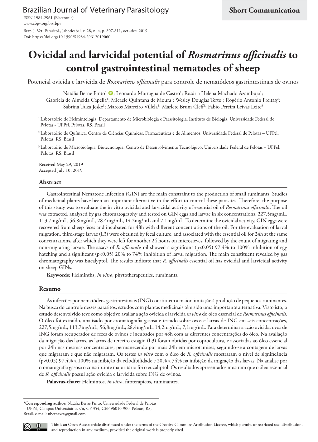 Ovicidal and Larvicidal Potential of Rosmarinus Officinalis to Control