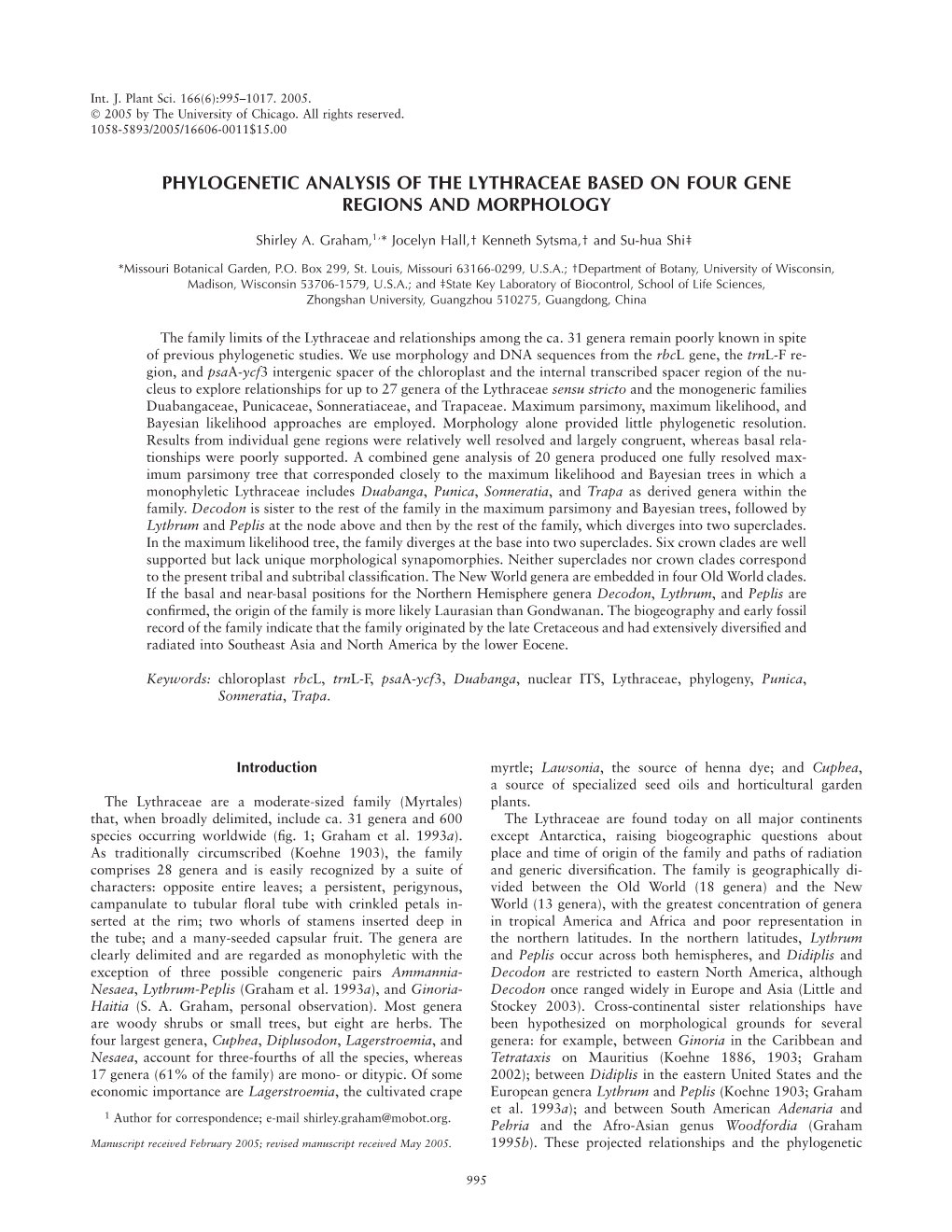 Phylogenetic Analysis of the Lythraceae Based on Four Gene Regions and Morphology