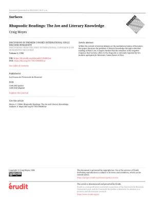 The Ion and Literary Knowledge Craig Moyes