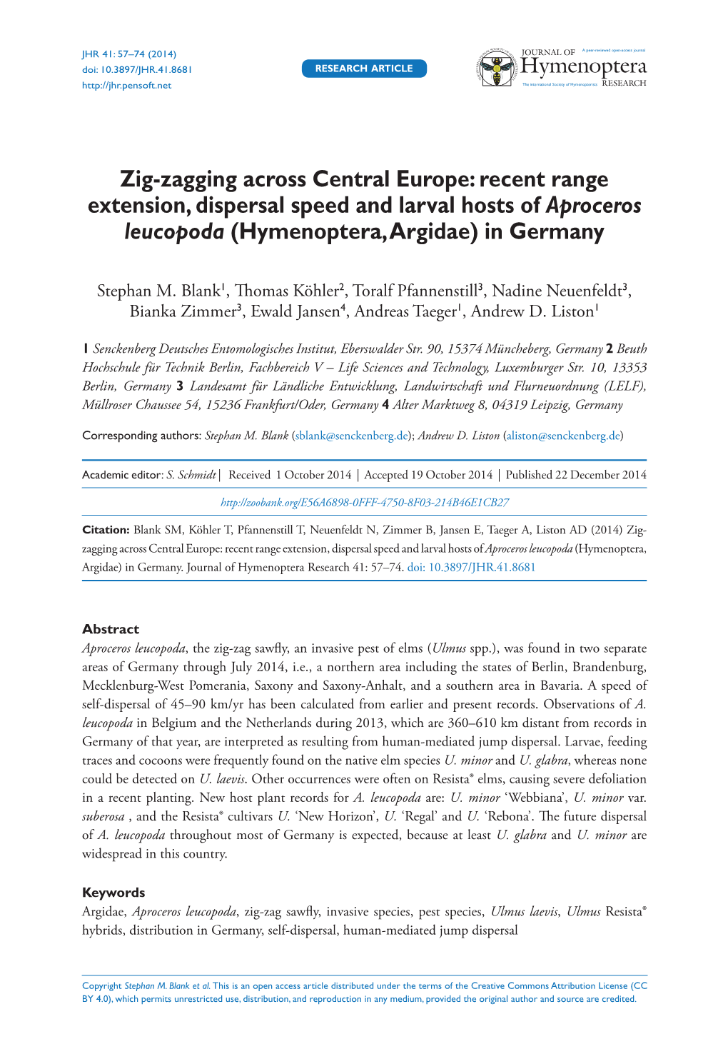 Recent Range Extension, Dispersal Speed and Larval Hosts of Aproceros Leucopoda (Hymenoptera, Argidae) in Germany