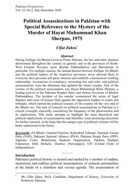 Political Assassinations in Pakistan with Special Reference to the Mystery of the Murder of Hayat Muhammad Khan Sherpao, 1975