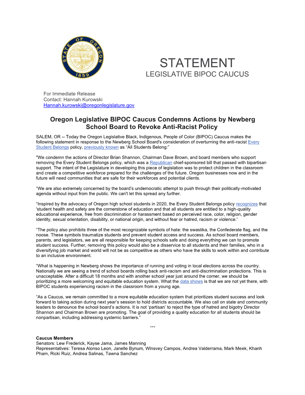 Statement Legislative Bipoc Caucus