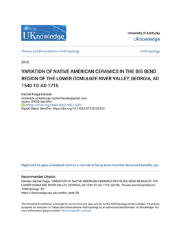 Variation of Native American Ceramics in the Big Bend Region of the Lower Ocmulgee River Valley, Georgia, Ad 1540 to Ad 1715