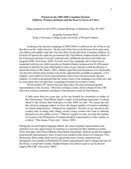 Women in the 2005-2006 Canadian Election Children, Women, Inclusion and the Reserve Force of Voters