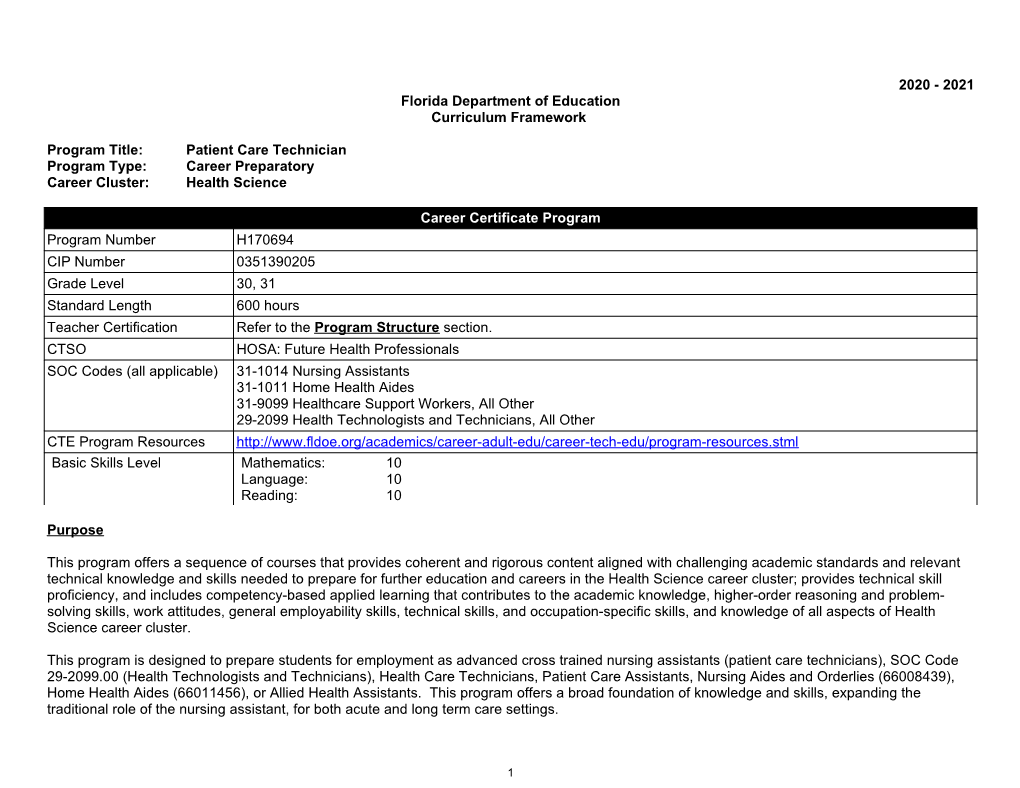 Patient Care Technician Program Type: Career Preparatory Career Cluster: Health Science