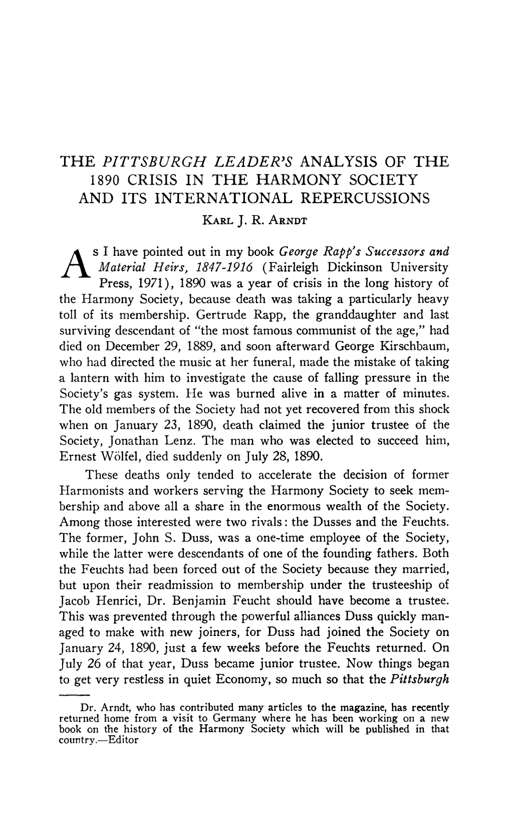 THE PITTSBURGH LEADER's ANALYSIS of the 1890 CRISIS in the HARMONY SOCIETY and ITS INTERNATIONAL REPERCUSSIONS Karlj