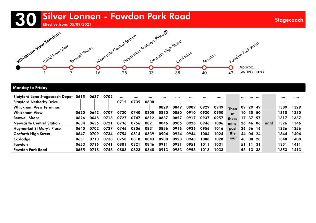 Silver Lonnen - Fawdon Park Road Stagecoach 30 Effective From: 05/09/2021