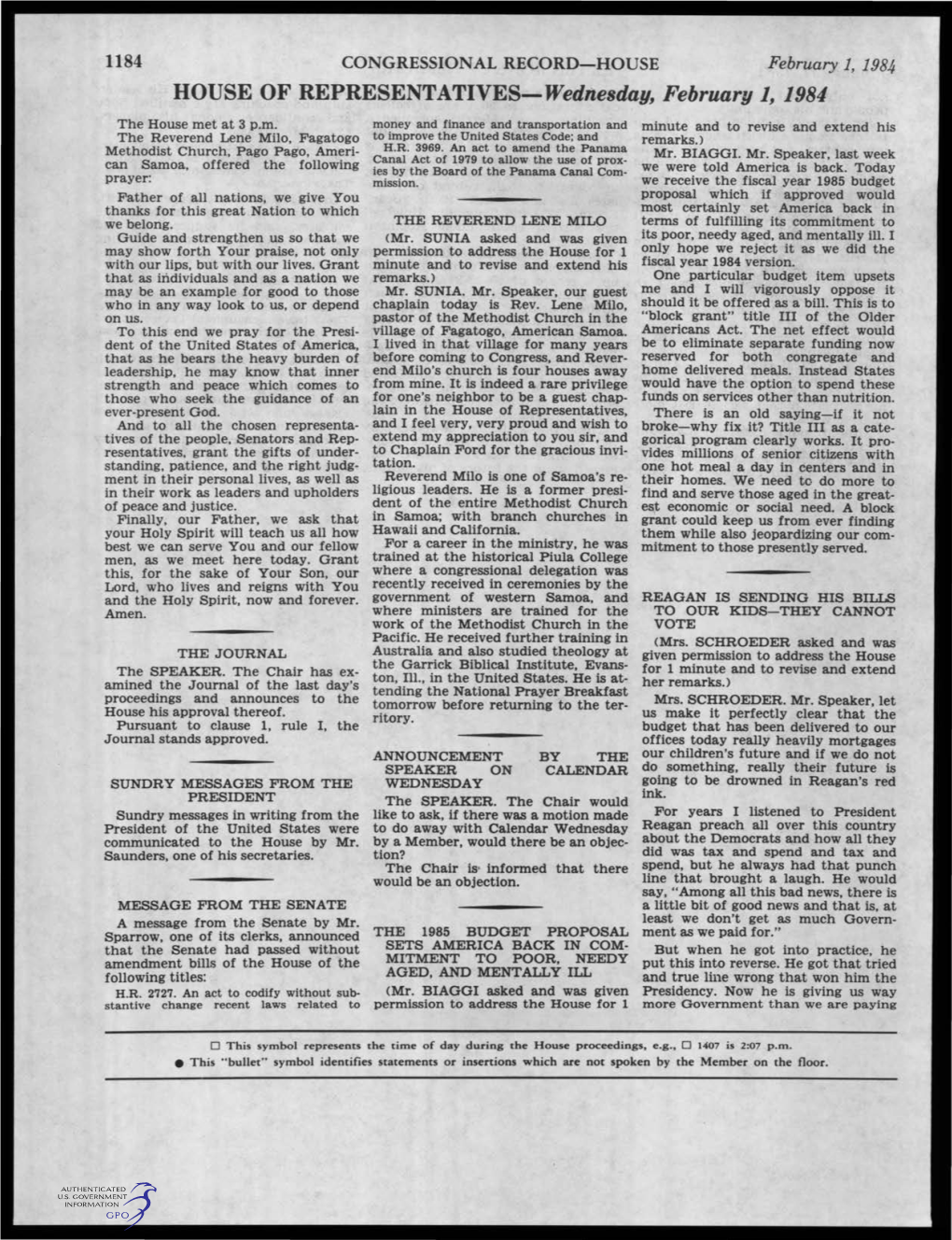 HOUSE of REPRESENTATIVES-Wednesday, February 1, 1984 the House Met at 3 P.M